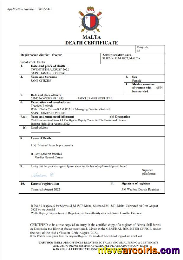 Malta death certificate